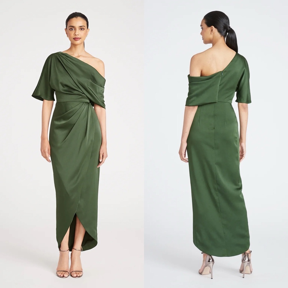 Theia Sz 10 Green Rayna One Shoulder Draped Gown Midi Cocktail Satin Dress